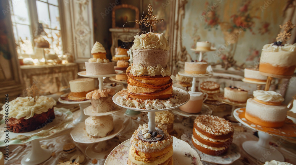 Naklejka premium A Rustic Wedding Cake Display in a Vintage Setting