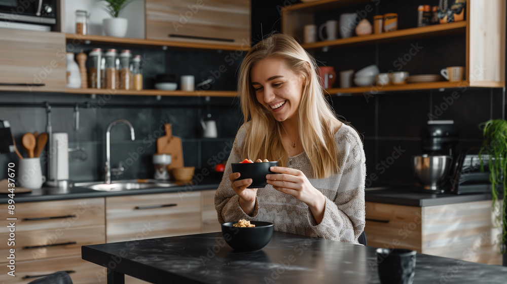 Beautiful young woman eating a smoothie bowl in a modern kitchen Beautiful young woman eating a smoothie bowl in a modern kitchen