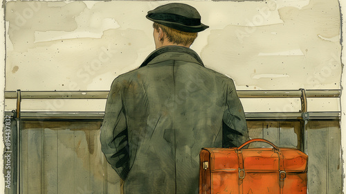 Man with Orange Briefcase Waiting at Train Station..