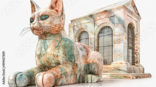 Marble Cat Sculpture Resting Near a Stone Building