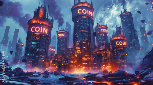 Futuristic Cityscape With Illuminated Coin Towers at Night