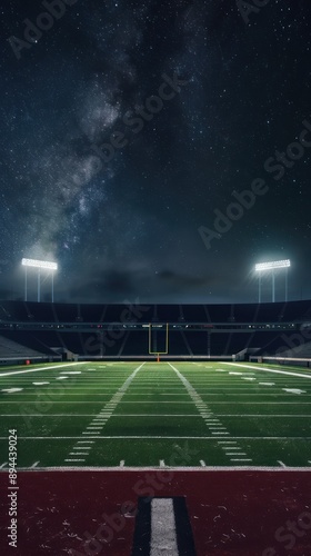 Floodlit football field in stadium under night sky
