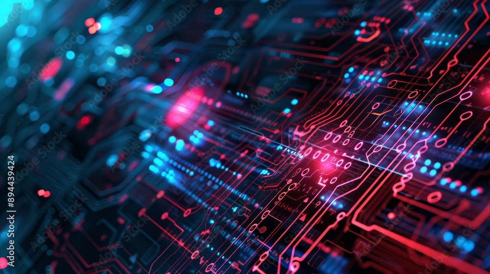 Abstract image of a digital circuit board with glowing red and blue lights, representing technology. Abstract image of a digital circuit board with glowing red and blue lights, representing technology.