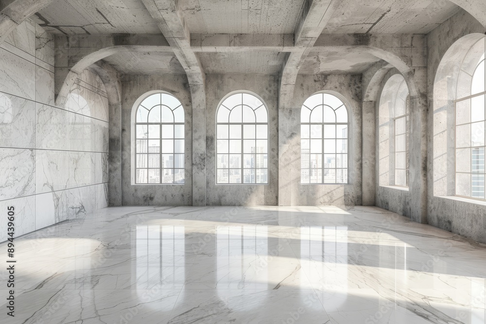 interior of empty room with windows and white marble floor. interior of empty room with windows and white marble floor.