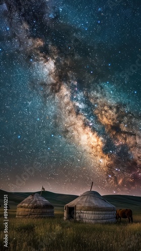 Traditional yurts under a vibrant night sky