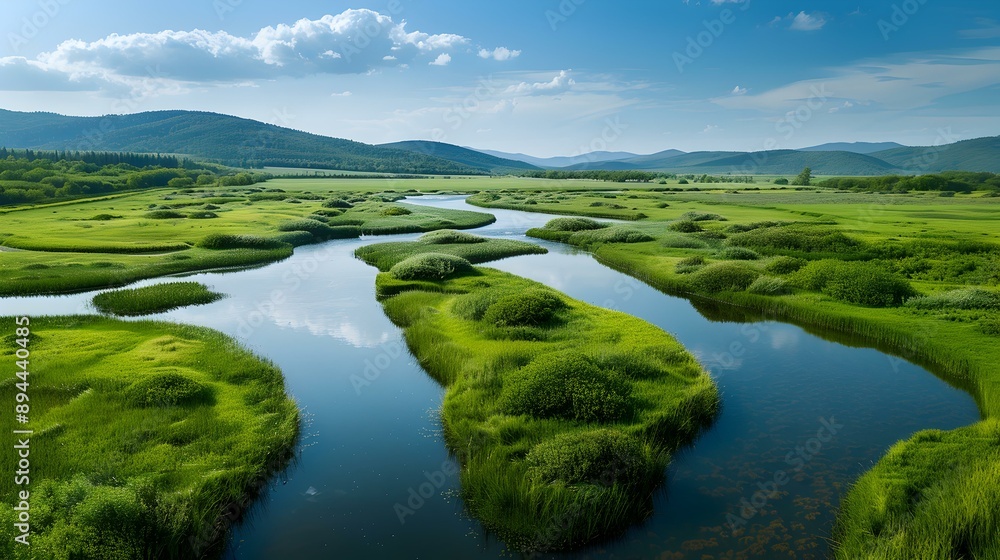 A green plain with a river that meanders image A green plain with a river that meanders image