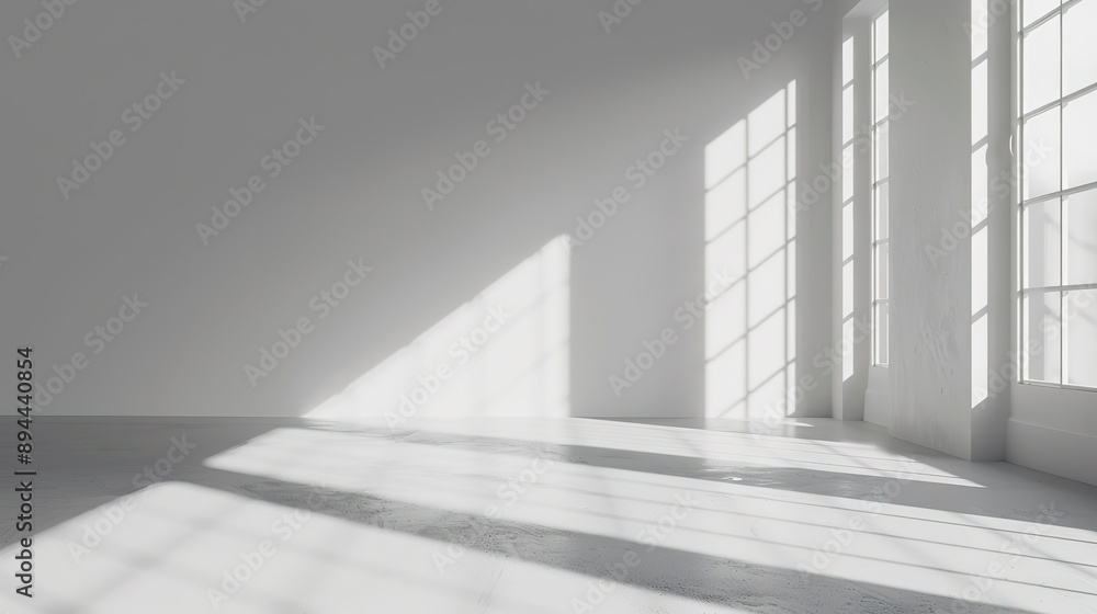 Abstract white studio background, empty gray room with shadows of window Abstract white studio background, empty gray room with shadows of window