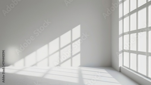 Abstract white studio background, empty gray room with shadows of window