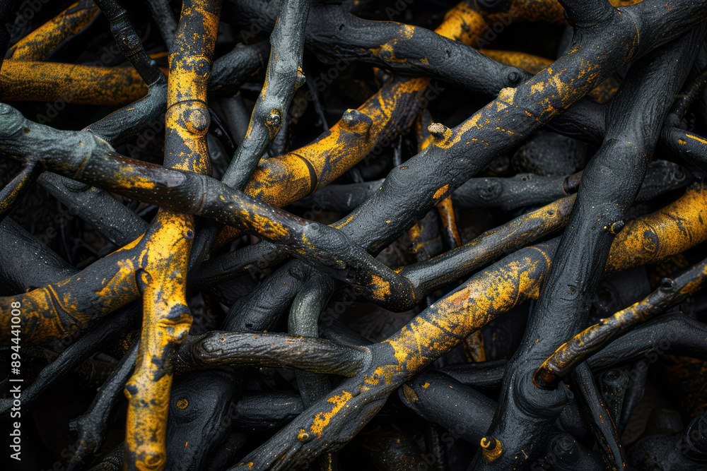 A mangrove tree root is seen, featuring eco-friendly craftsmanship, and hues of dark yellow, dark emerald, light gray, and yellow.