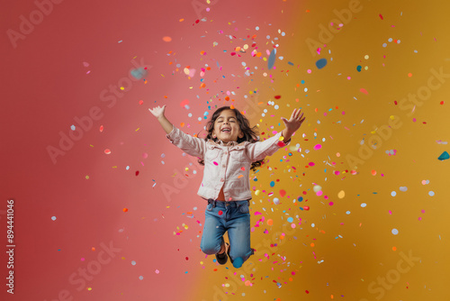 cute little indian girl enjoying with falling confetti