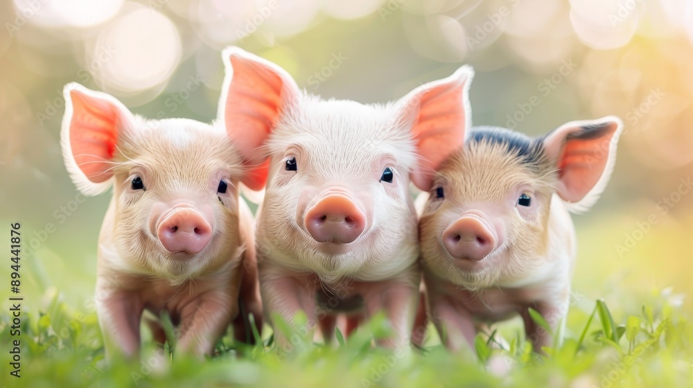 Three baby pigs are standing in a field of grass Three baby pigs are standing in a field of grass