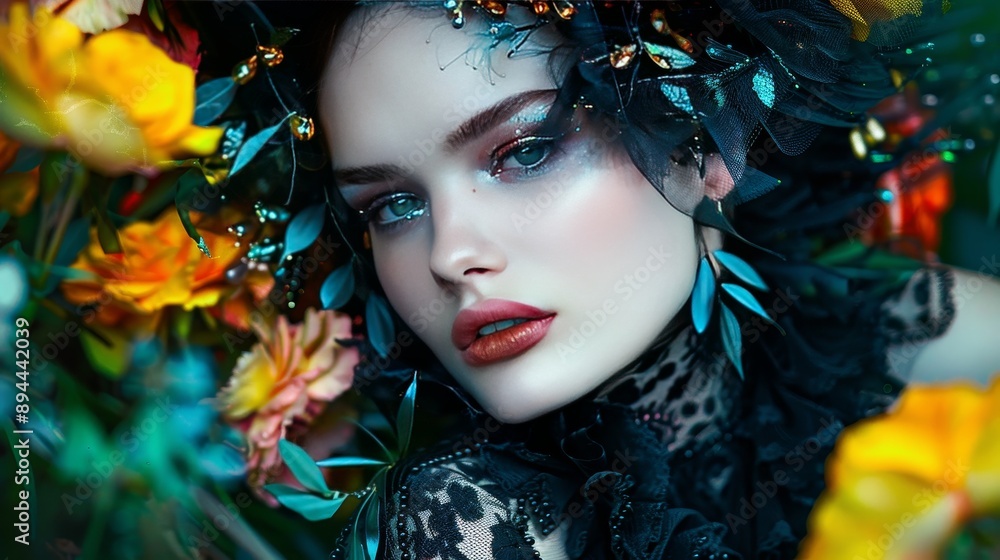 A woman with a black dress and a flowery headpiece is surrounded by flowers A woman with a black dress and a flowery headpiece is surrounded by flowers
