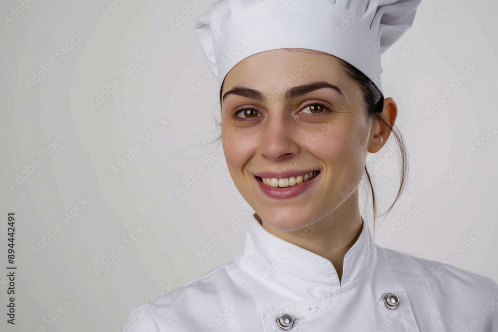 happy female chef standing on white background happy female chef standing on white background