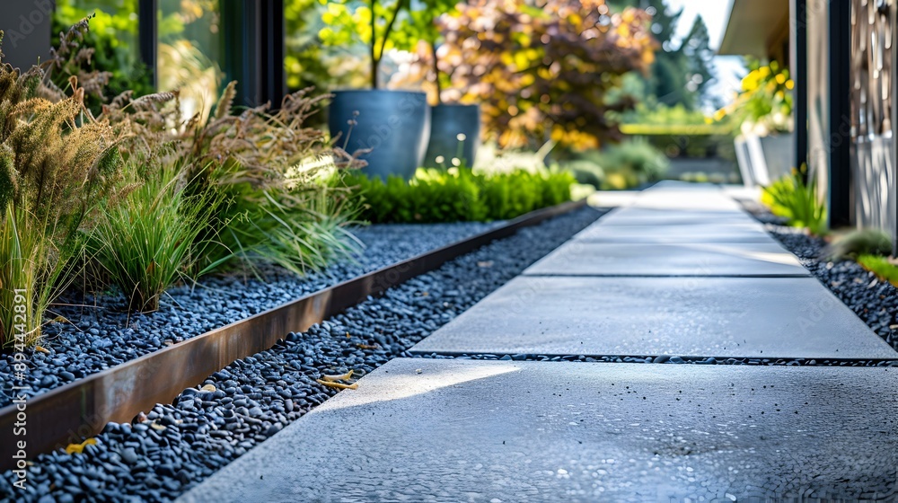 Landscaped concrete path with gravel edge passing img