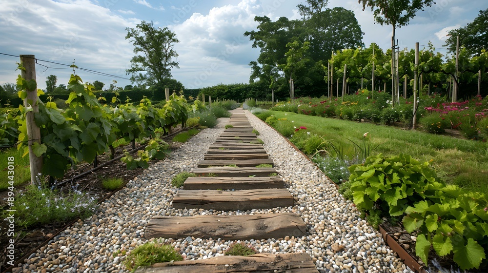 A landscaped path made of gravel and wooden A landscaped path made of gravel and wooden