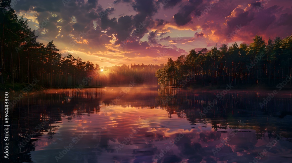 Forest lake at sunset when the water reflects picture Forest lake at sunset when the water reflects picture