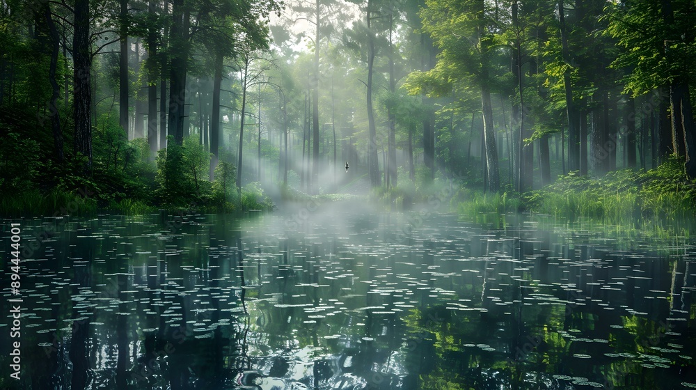 Obraz premium Forest pond with crystal clear water reflecting tall picture