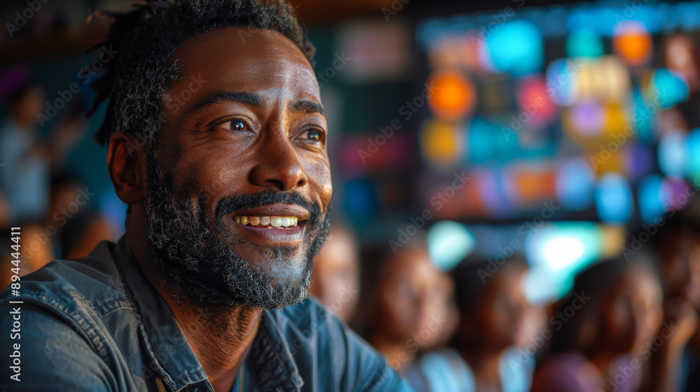 Portrait of a young mulatto in a progressive class. A smiling male teacher is giving a lecture indoors. Portrait of a young mulatto in a progressive class. A smiling male teacher is giving a lecture indoors.