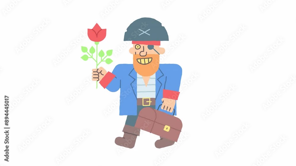 Pirate going holding flower holding suitcase and smiling. Alpha channel Pirate going holding flower holding suitcase and smiling. Alpha channel