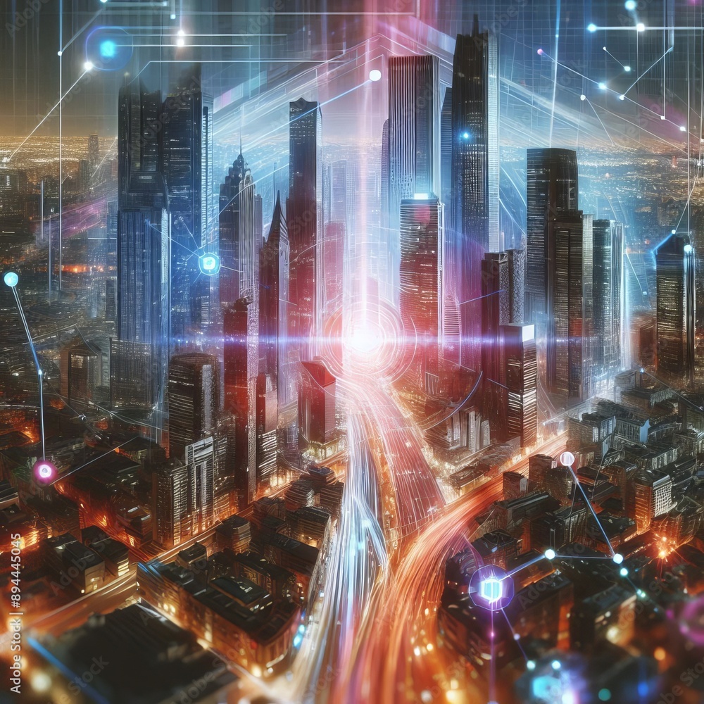 7 51. A holographic representation of a dynamic cityscape, with 7 51. A holographic representation of a dynamic cityscape, with