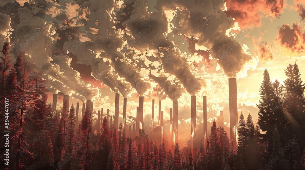 Fototapeta premium Creating a painting of destroyed nature and factories working - a concept related to climate change and global warming