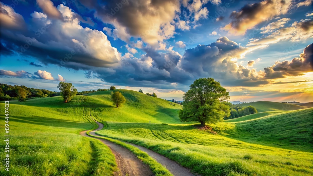 Obraz premium Serene hillside meadow with lush green grass, winding path, and dramatic blue sky with puffy clouds, capturing the peaceful morning atmosphere of spring.