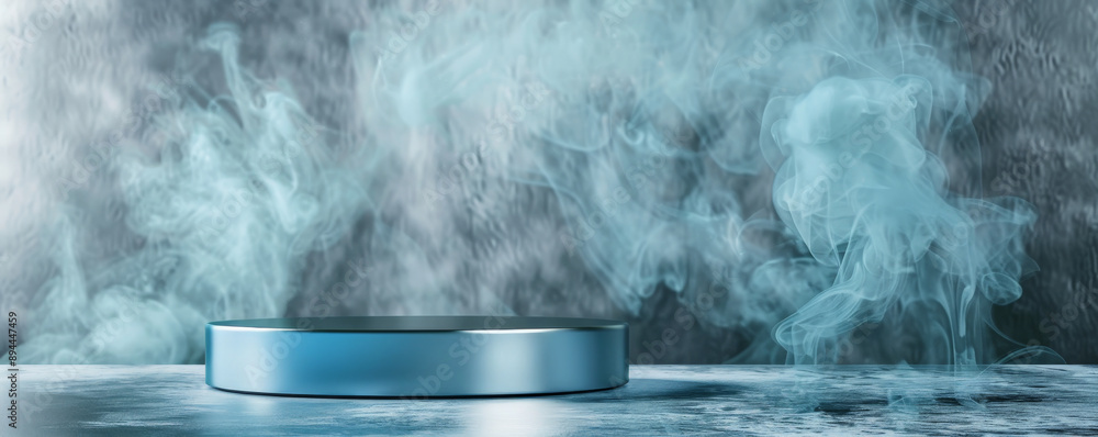 A sleek blue podium with an empty pedestal on a metallic silver background, enveloped in soft, white smoke. The cool, sophisticated colors and the ethereal smoke create a modern and captivating visual A sleek blue podium with an empty pedestal on a metallic silver background, enveloped in soft, white smoke. The cool, sophisticated colors and the ethereal smoke create a modern and captivating visual