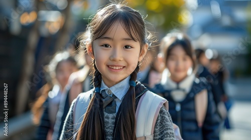 Smiling asian elementary school girl walking to school with friends