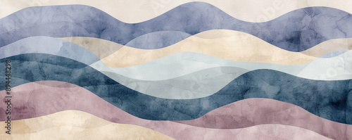 Wallpaper Mural A minimalist geometric watercolor pattern with an abstract design in muted Pantone tones, featuring overlapping shapes in soft hues of lavender, dusty blue, and pale olive. Torontodigital.ca