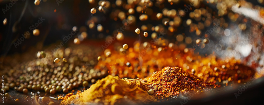 A close-up of spices being toasted in a pan. The rich colors and textures of the spices, such as cumin seeds and mustard seeds, create an enticing and aromatic cooking scene. A close-up of spices being toasted in a pan. The rich colors and textures of the spices, such as cumin seeds and mustard seeds, create an enticing and aromatic cooking scene.