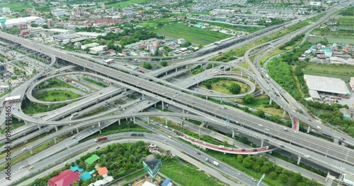 Burapha Withi Expressway, Industrial Ring Road, Bangna Intersection, Routes, Ring Road intersections, intercity connections for transportation, Bangkok Thailand, aerial view 4k video from drone. photo