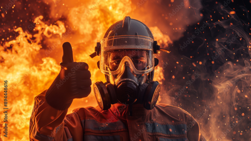 A portrait of a young firefighter in a protective helmet, a respirator and protective glasses shows a thumbs up against a background of bright flames. Emergency and rescue concept. A portrait of a young firefighter in a protective helmet, a respirator and protective glasses shows a thumbs up against a background of bright flames. Emergency and rescue concept.
