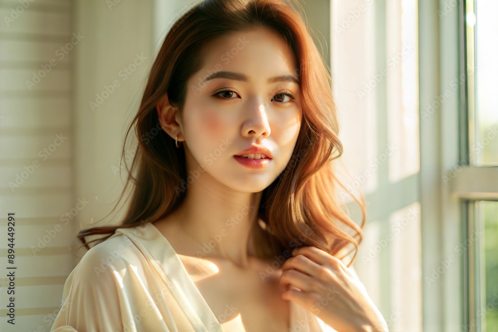 Lovely asian woman , beauty of wakeup time with morning sunlight Lovely asian woman , beauty of wakeup time with morning sunlight