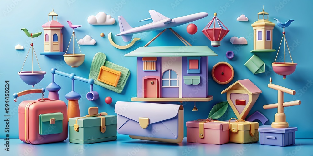 Colorful 3D clay-style illustration of postal service objects including envelopes, parcels, stamps, mailbox, scales, and airplanes arranged in a creative composition. Colorful 3D clay-style illustration of postal service objects including envelopes, parcels, stamps, mailbox, scales, and airplanes arranged in a creative composition.