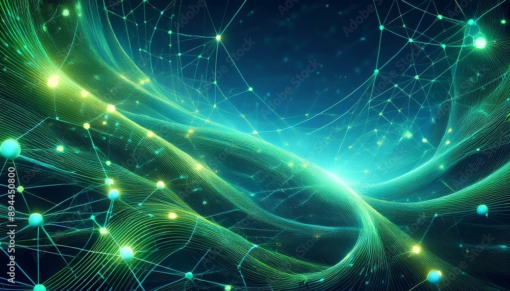 Abstract blue green technology background with a cyber network grid and connected particles Abstract blue green technology background with a cyber network grid and connected particles