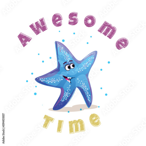 Cute blue starfish cartoon character happily waving, accompanied by the text Awesome Time