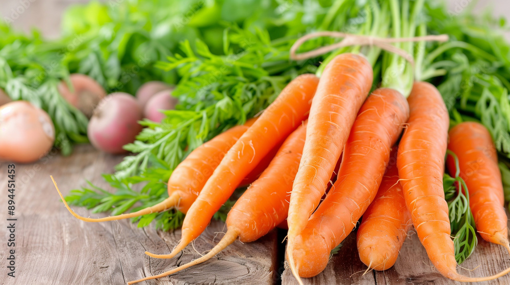Fresh organic carrots with greens and fresh vegetables on wooden table. Vibrant and colorful healthy food for cooking and salad. Natural vegetarian ingredients from the garden Fresh organic carrots with greens and fresh vegetables on wooden table. Vibrant and colorful healthy food for cooking and salad. Natural vegetarian ingredients from the garden
