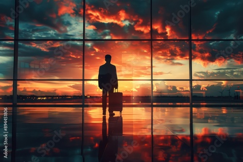 Man with suitcase by sundown airport window reflection scene.