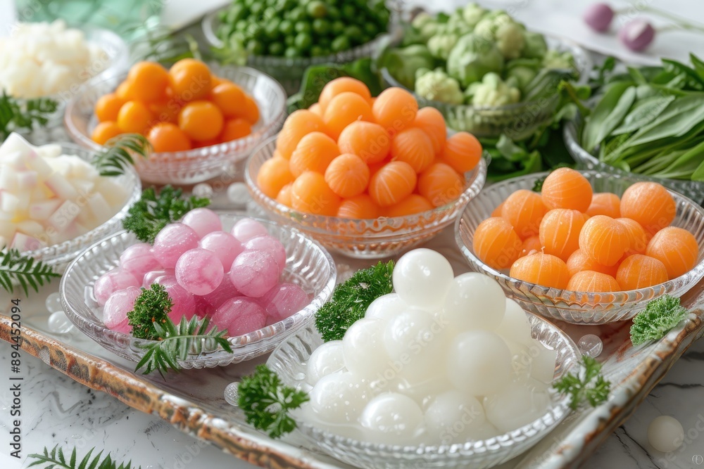 A collection of colorful melon balls arranged in glass bowls on a decorative tray A collection of colorful melon balls arranged in glass bowls on a decorative tray