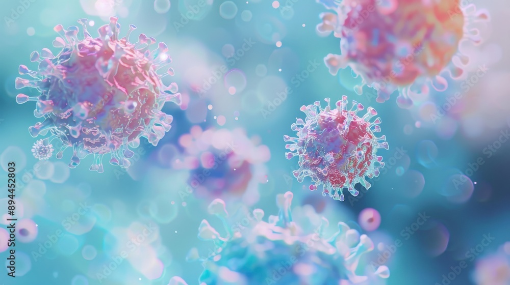 A group of pink and blue viruses are floating in the air. The viruses are small and colorful, and they appear to be moving in different directions. Concept of chaos and unpredictability A group of pink and blue viruses are floating in the air. The viruses are small and colorful, and they appear to be moving in different directions. Concept of chaos and unpredictability