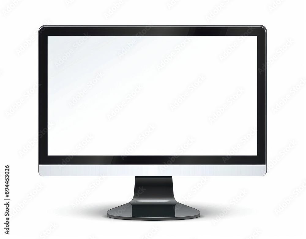 A computer monitor with a black frame and a white background. The screen is empty A computer monitor with a black frame and a white background. The screen is empty