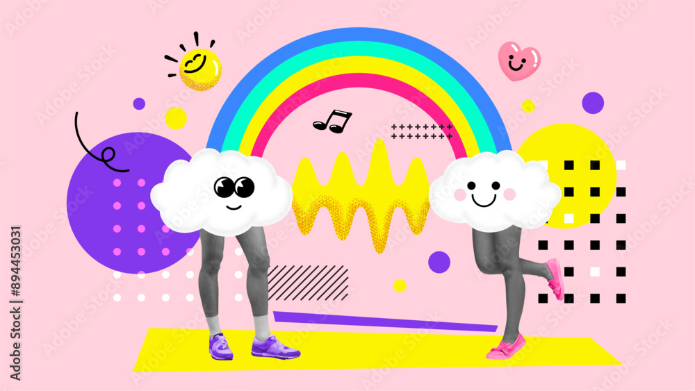 Fototapeta premium Creative aesthetic collage for Pride Month. Banner for Pride Month with LGBTQ Flag Colors and blurry gradient rainbow. Human rights and tolerance concept. Y2k style collage art. Vector illustration
