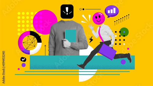 Successful career takeoff. Profitable investment, business concept. Art collage. Businessman sorunded with related icons. Vector illustration