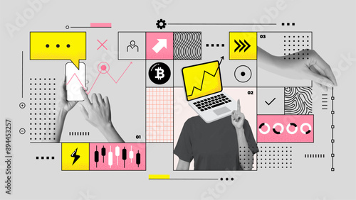 Contemporary artwork. Creative design. group of people, employees working together to create new profitable idea. Concept of stock trade, Bitcoin trade,  career development. Copy space for ad. Vector 