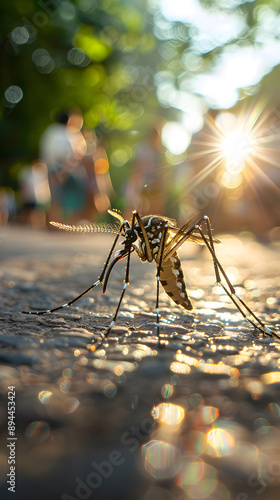 Extreme close-up shot of Mosquito on the ground, mosquito-borne disease prevention of virus,dengue, chikungunya, Zika, Mayaro, Malaria, flavi ep. photo