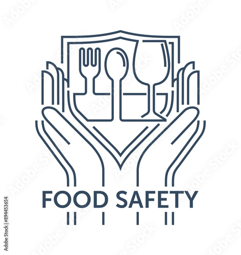 Food safety emblem - hands, utensil and shied, in thin separated line