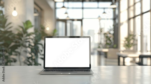 A laptop is open on a table in a room with a view of a city. The laptop is empty and the room is bright and clean