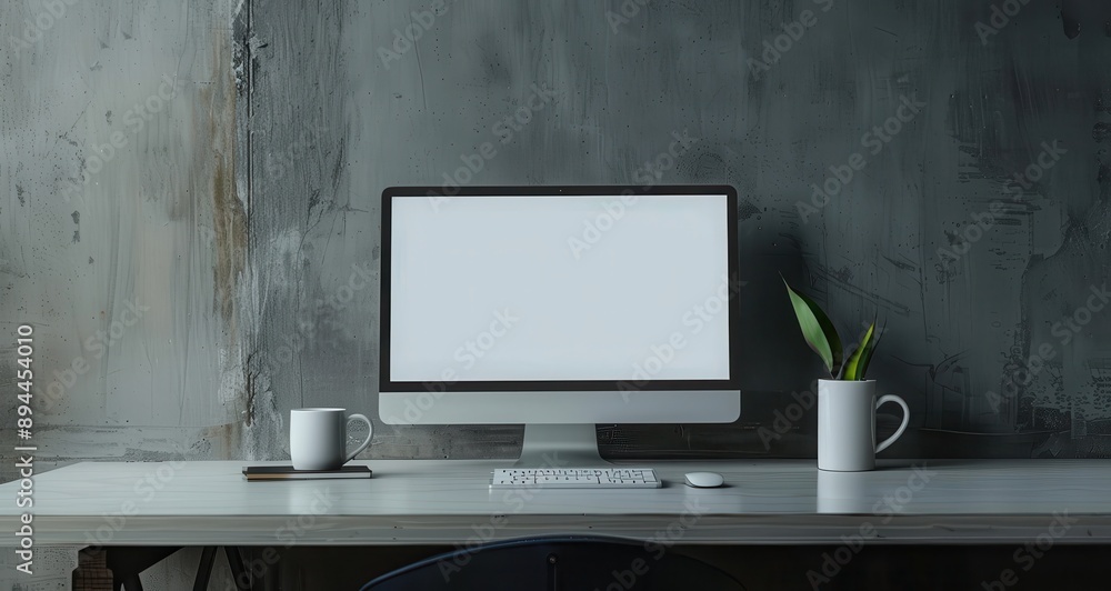 Fototapeta premium A computer monitor sits on a desk with a cup and a plant