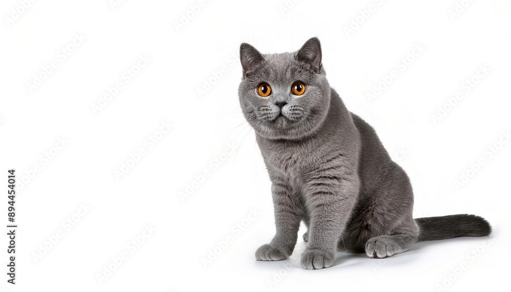 Fototapeta premium British short hair cat, with a distinctively stocky body, thick coat, and broad face with a solid grey blue coat, pineapple eyes, and a medium sized tail. isolated on white background