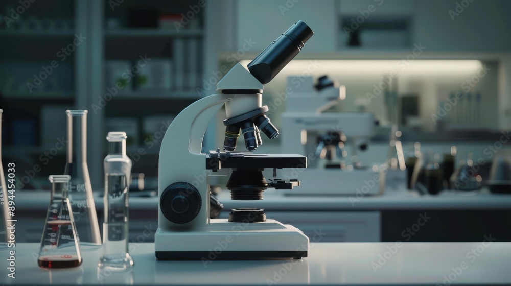 A microscope is on a table with a few other items. Scene is scientific and focused A microscope is on a table with a few other items. Scene is scientific and focused
